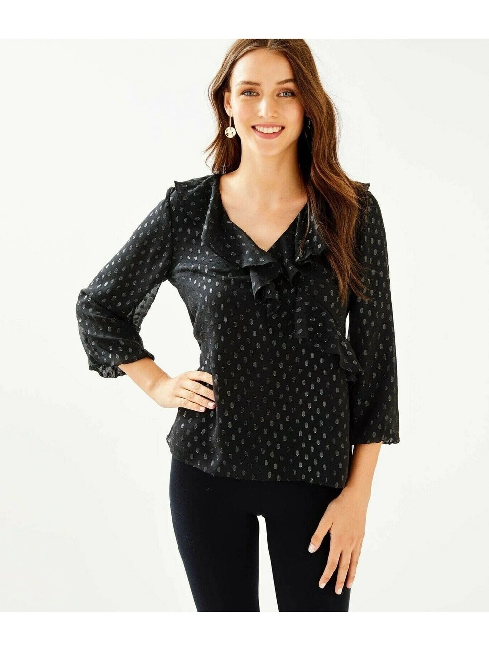 Lilly Pulitzer Olenna Blouse XL Black Metallic Silk Ruffle Bell Sleeve